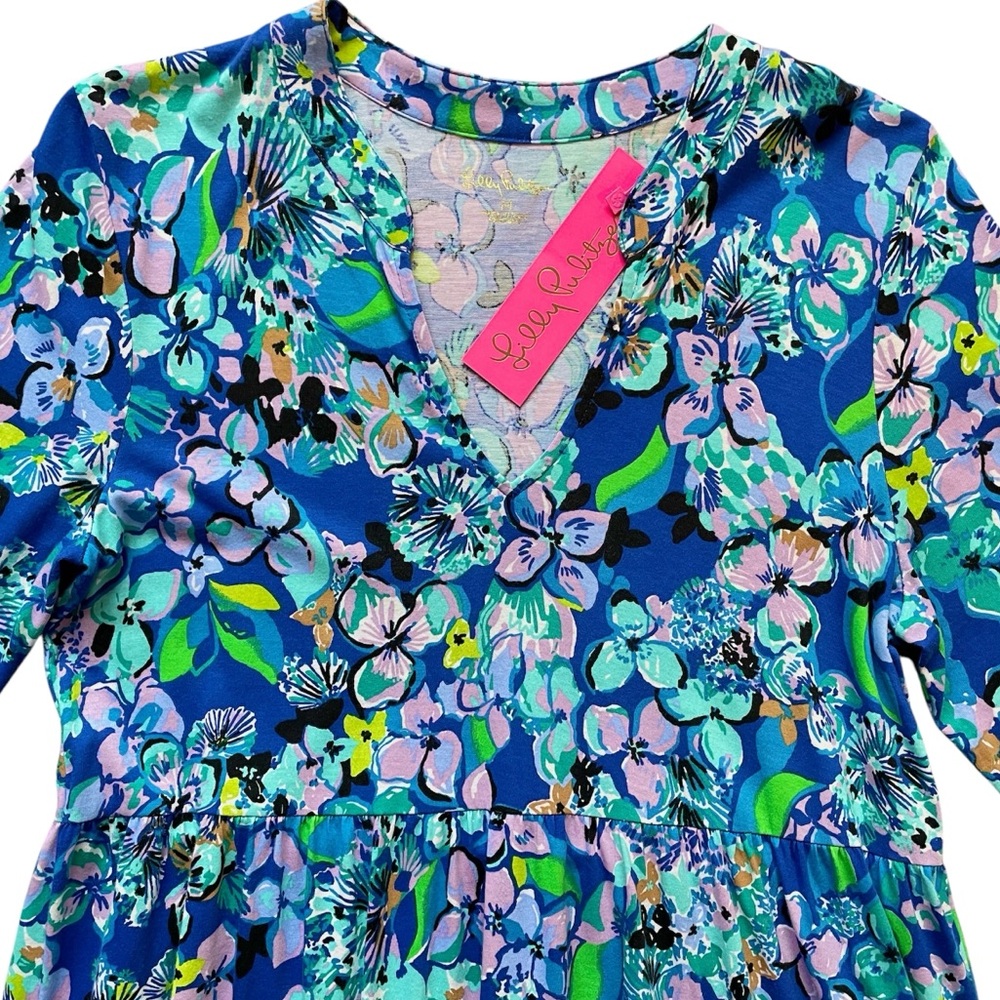 đź’™Lilly Pulitzer Alaina 3/4 Sleeve Tiered Swing Dress Blue Grotto Twilight Tropic - Picture 9 of 15